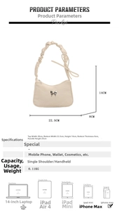 Detailed size specifications for beige ruched cloud bag with silver butterfly buckle