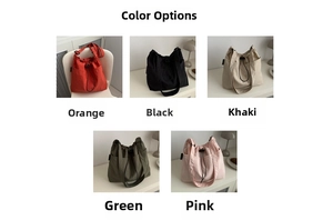 Detailed grid showing orange, black, khaki, green, and pink nylon bucket bags on chairs