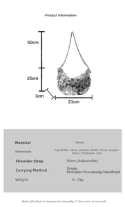 Size chart showing silver sequin chain bag dimensions and adjustable strap details