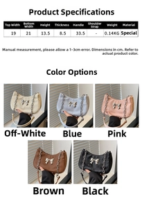 Detailed view of the bow handbag dimensions and various color options in a grid layout