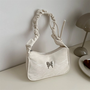 Sac Sous Le Bras Pour Femmes Bandoulière Froncée Boucle Papillon Métallique Texture Plissée Sac Hobo Chic Français