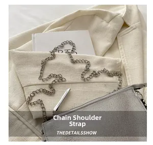 Detail shot of a silver handbag featuring a chunky metal chain strap and pleated design