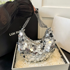 Sequin Underarm Shoulder Bag Sparkly Metal Chain Half Moon Dumpling Shape Trendy Party Handbag For Women