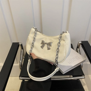 Women Underarm Hobo Bag PU Leather Silver Bow Chain Strap Y2K Sweet Cool Versatile Small Shoulder Crossbody