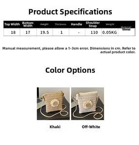 Size guide for minimalist woven straw crossbody bag with detailed physical dimensions