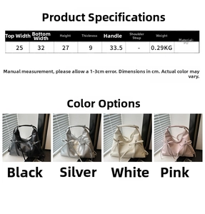 Detailed size chart and specifications for PU leather bow bucket bag in four colors