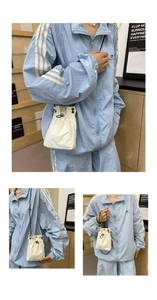 Three-view montage of a beige drawstring bucket bag with slim black strap for women