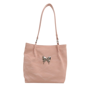 Pink faux leather butterfly tote bag with metallic sheen and large capacity