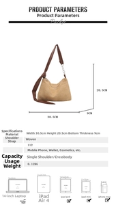 Size guide for woven straw shoulder bag showing dimensions and device compatibility info