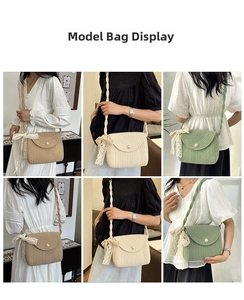Straw woven crossbody bag with pearl buckle and lace bow in three soft summer colors