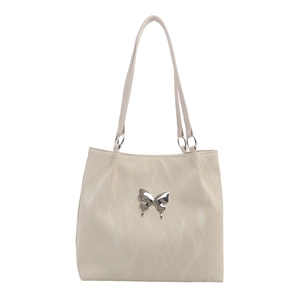 Chic beige faux leather shoulder bag with glossy marble texture and silver butterfly ornament
