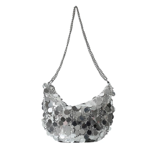 Chic silver sequined dumpling bag with metallic chain strap for women fashion
