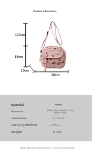 Detailed size specifications of pink corduroy crossbody bag with strawberry print