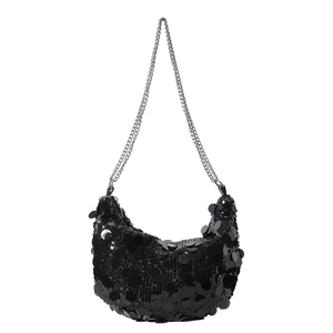 Modern black sequined hobo shoulder bag with silver chain strap for parties