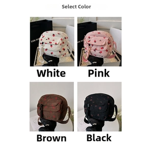 Corduroy mini crossbody bag set in white, pink, brown, and black with strawberry prints