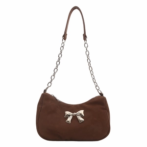 Dark brown crescent underarm bag with silver bow detail and chain strap for women