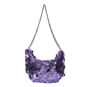Purple sequin half-moon shoulder bag with silver metal chain strap and party style