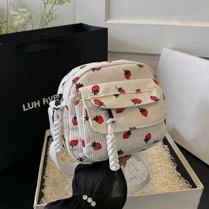 Women Corduroy Shoulder Bag Strawberry Print Cute Japanese Style Crossbody Bag With Adjustable Wide Strap Casual Purse