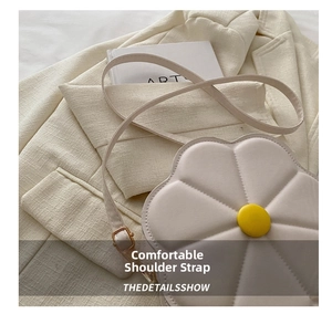 Close-up of floral design crossbody bag featuring embossed petals and yellow button detail