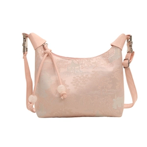 Pink jacquard dumpling bag with elegant landscape embroidery and silver hardware