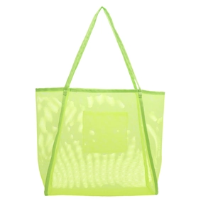 Neon green transparent mesh beach tote bag with front pocket and long handles