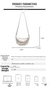 Detailed size chart of silver croissant bag showing 25cm width and capacity comparison