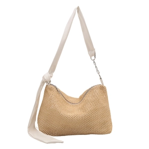 Handwoven khaki straw tote bag with cream leather and silver chain拼接shoulder strap