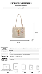 Size diagram of beige tote bag showing dimensions 27x26x9cm with floral scarf detail