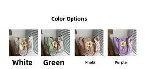 Detailed color display of tote bags in white, green, khaki, and purple with flower charms