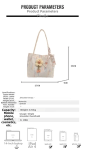 Detailed size guide for minimalist knit tote bag showing capacity for iPad and smartphone