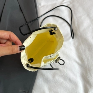 Mini cream oxford cloth crossbody bag for women with yellow lining and black strap