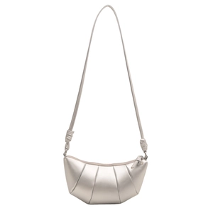 Chic silver metallic dumpling crossbody bag with elegant pleated design and knotted strap