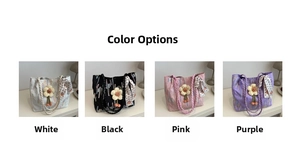 Color display of four minimalist tote bags with woven handles and floral charm accessories