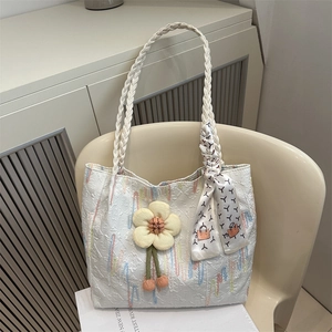 Women Canvas Tote Bag Embroidered Wavy Line With 3D Flower Charm Printed Scarf Woven Straps Large Capacity Shoulder Bag