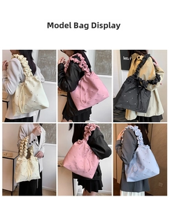 Collage of colorful waterproof nylon tote bags with stud details and drawstring closure