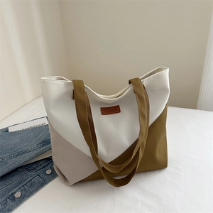 Sac Fourre-tout En Toile Pour Femmes Grande Capacité Bloc De Couleur Géométrique Sac À Épaule Avec Fermeture Éclair