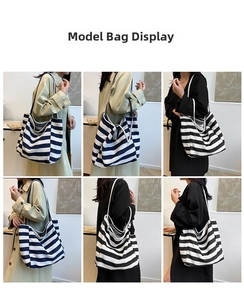 Collage of model carrying a striped canvas tote bag showing its large capacity and daily use