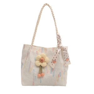 Cream canvas tote bag with colorful embroidery, yellow flower charm and silk scarf