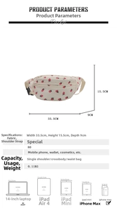 Corduroy saddle bag with strawberry print showing dimensions 33.5x15.5x9cm and capacity