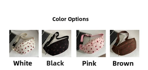 Corduroy chest bags with strawberry prints in white, black, pink and brown colors
