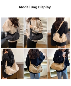 Vues détaillées d'un grand sac bandoulière en demi-lune avec un charme de cœur à damier