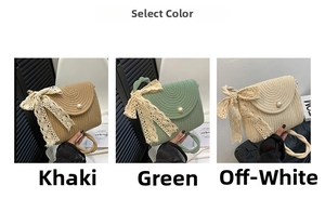 Close-up of knit crossbody bags in khaki, green, and cream with lace bows and pearl clasps