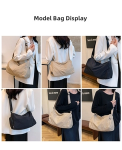 Detailed views of nylon messenger bag showing adjustable strap and zipper pockets