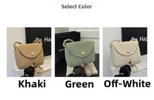 Detailed comparison of woven shoulder bags in khaki, green, and cream with pearl clasp