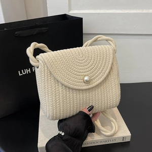 Straw Woven Crossbody Bag For Women Summer Beach Vacation Pastoral Style Small Square Shoulder Purse With Lace Bow Artificial Pearl
