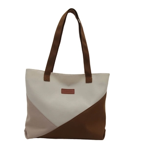 Large capacity canvas tote bag with geometric three-color patchwork and leather label