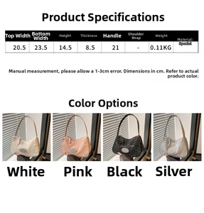 Detail view of four-color minimalist underarm bags with detailed product dimensions and specs