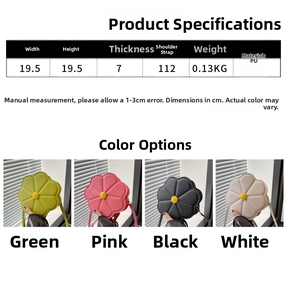 Size chart for flower-shaped crossbody bag including dimensions weight and material specs