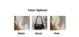 Detailed view of women's embroidered tote bags in white, black, and pink color options