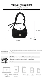 Detailed size chart for crescent underarm bag with dimensions and capacity specifications